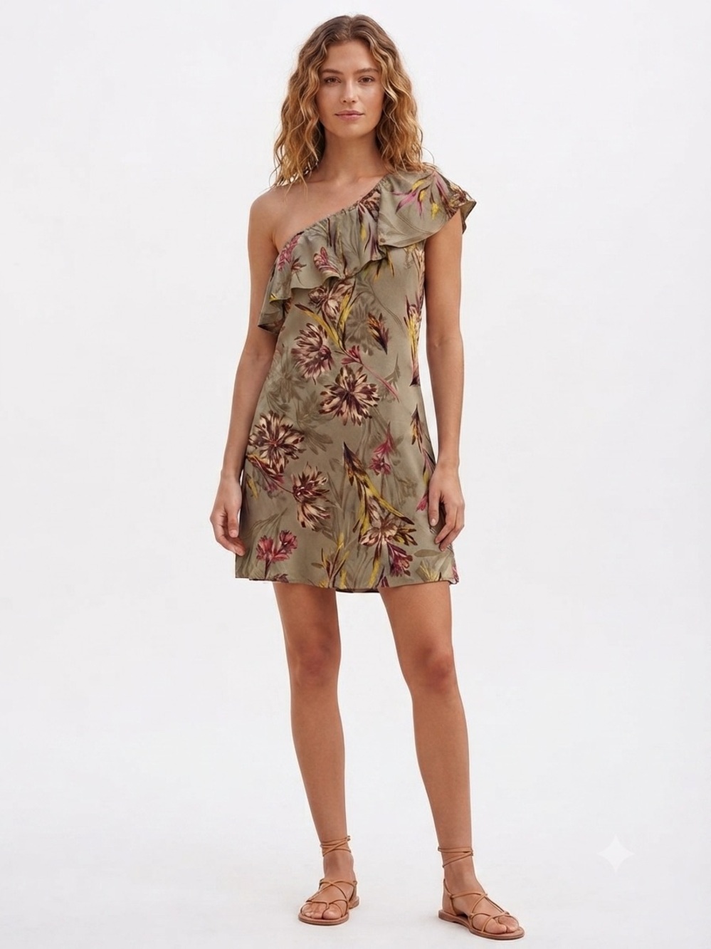ASTR the Label S Floral One Shoulder Ruffle Mini Dress Taupe Green